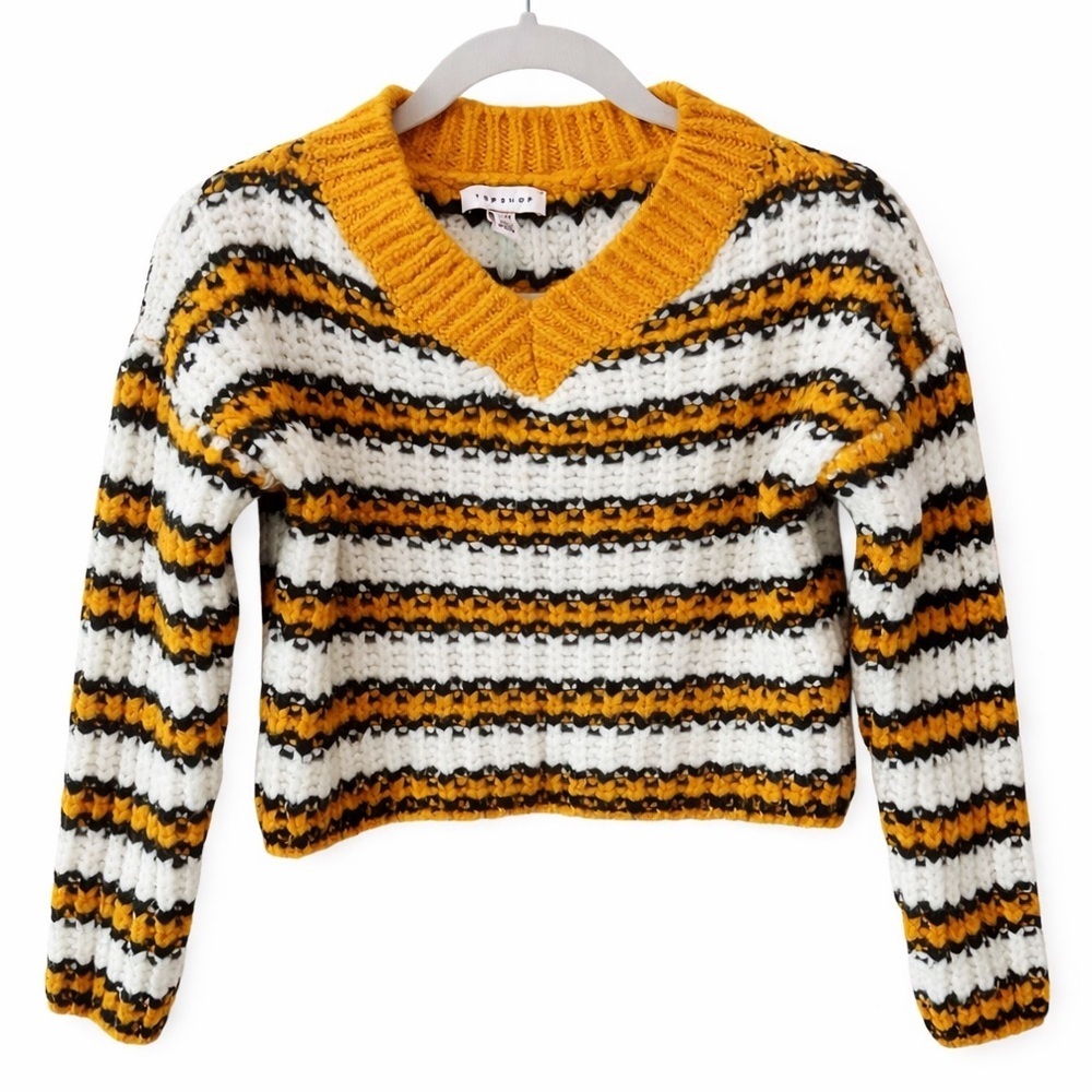 Topshop Chunky Knit Striped Cropped Sweater Size 2 Petite Yellow Black White
